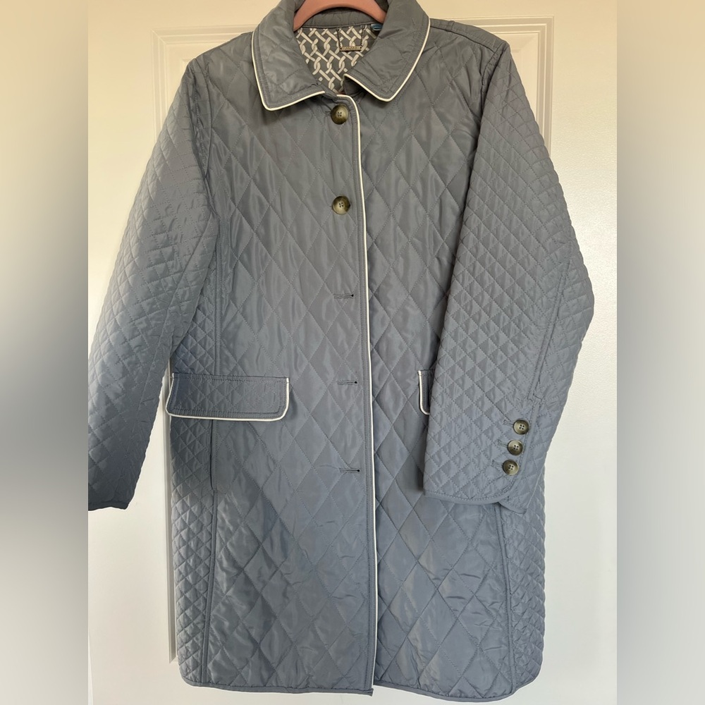 Chico's Full Length Quilted Blue/Gray Coat